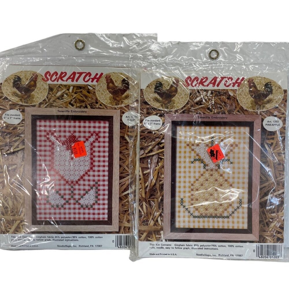 Gingham Teneriffe Embroidery Farmhouse Primitive Kit Lot of 2 Pineapple Flower‎